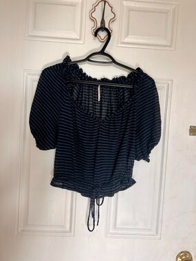 Free People | Navy Striped Puff-Sleeve Crop Top with Drawstring